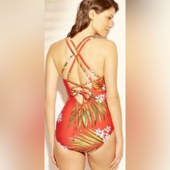 Kona Sol Coral Floral One Piece Strappy Back Swimsuit Size Large NWOT - Picture 3 of 9